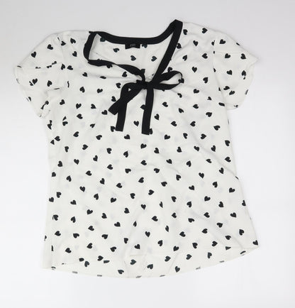 F&F Womens White  Mesh Basic Blouse Size L  - Tie detail Love heart