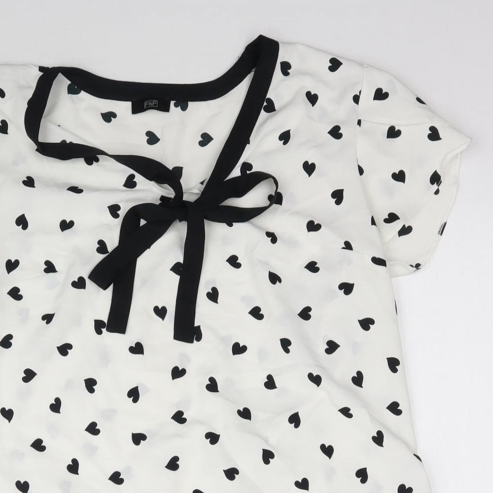 F&F Womens White  Mesh Basic Blouse Size L  - Tie detail Love heart