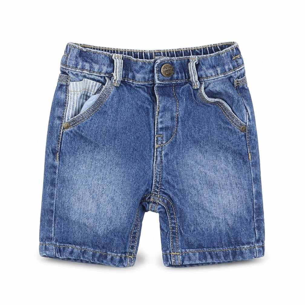 Front view of Manataray Baby Blue Denim sweatpants, size 6-9, Months - Waist 16in; Inside leg 3in