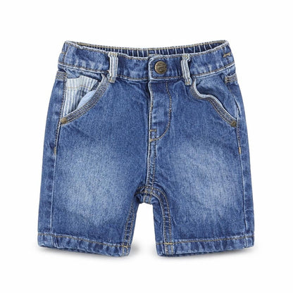 Front view of Manataray Baby Blue Denim sweatpants, size 6-9, Months - Waist 16in; Inside leg 3in