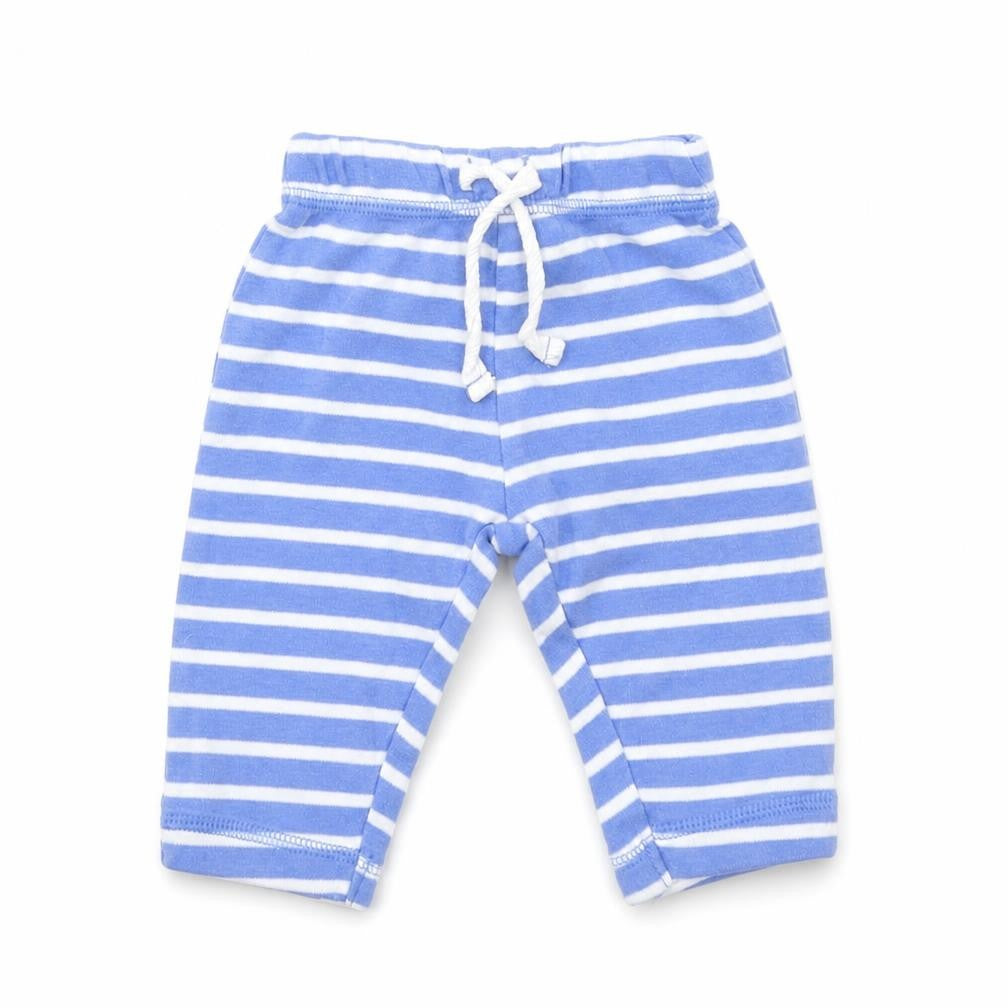 Front view of John Lewis boys’ blue striped jogger trousers, size 0-3, months
