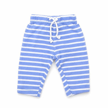 Front view of John Lewis boys’ blue striped jogger trousers, size 0-3, months