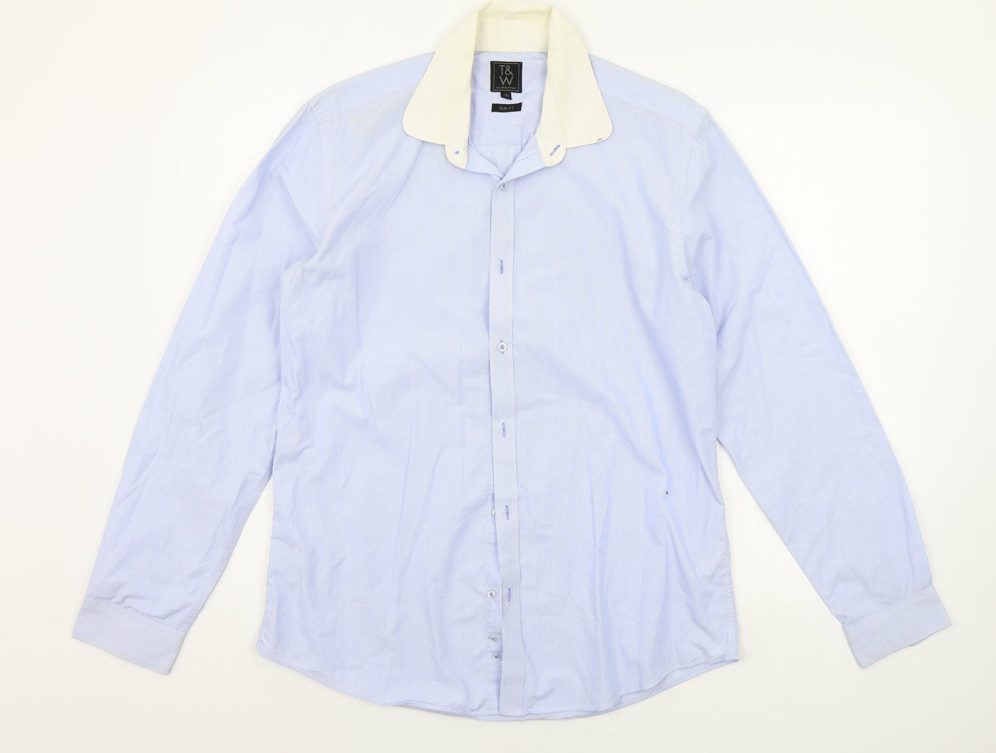 t&w Mens Blue Striped   Button-Up Size 16