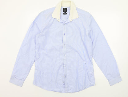 t&w Mens Blue Striped   Button-Up Size 16