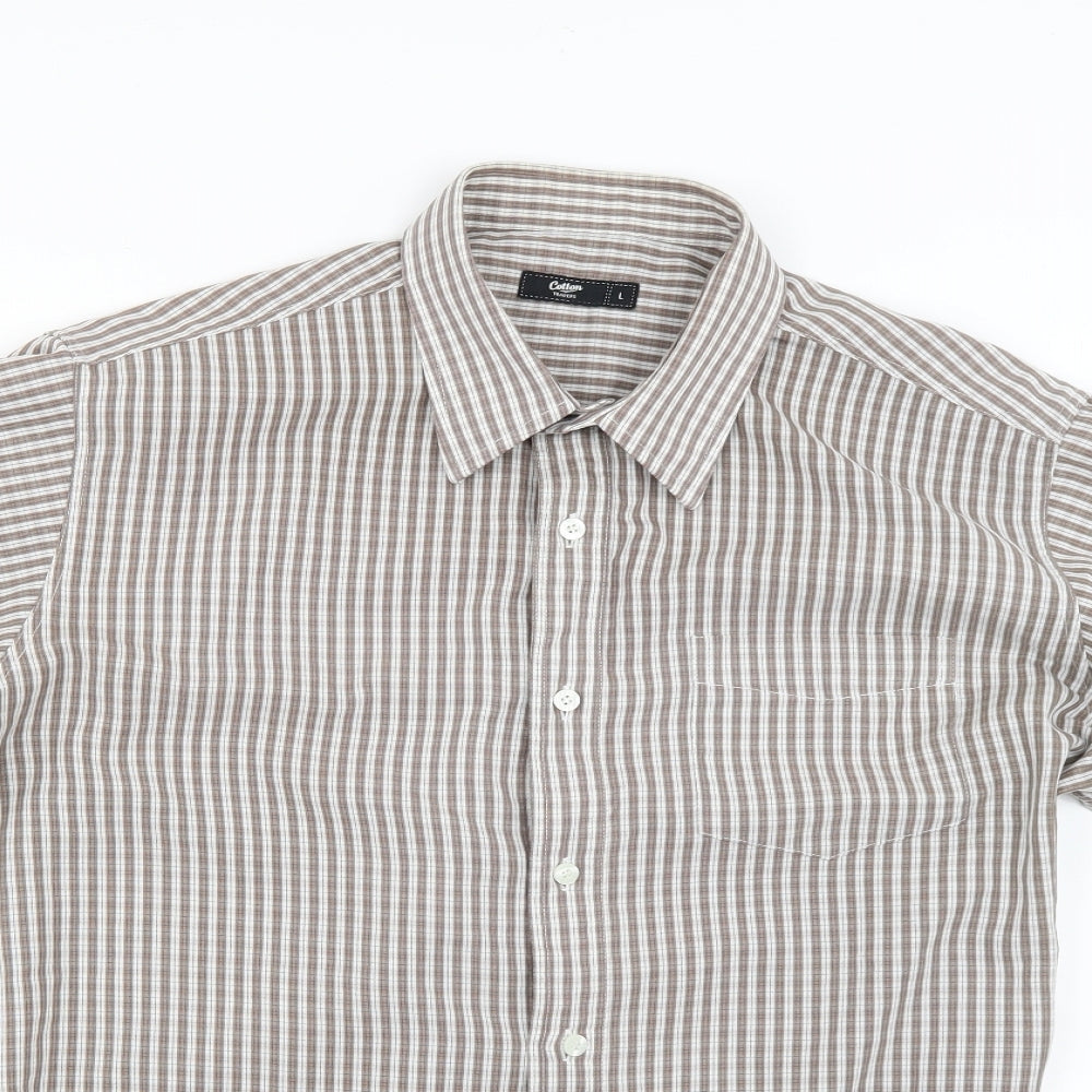 Mens UK Size L Cotton Traders Beige  Button-Up Short Sleeve Casual Shirt
