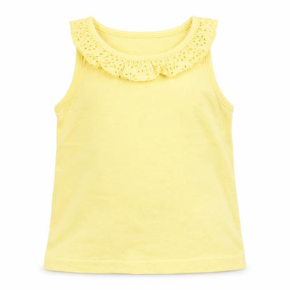 Front view of Nutmeg girls’ yellow basic tank, size 12-18, months