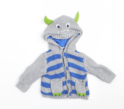 Ladybird Boys Grey Striped  Cardigan Jumper Size 0-3 Months  - Dragon Hood