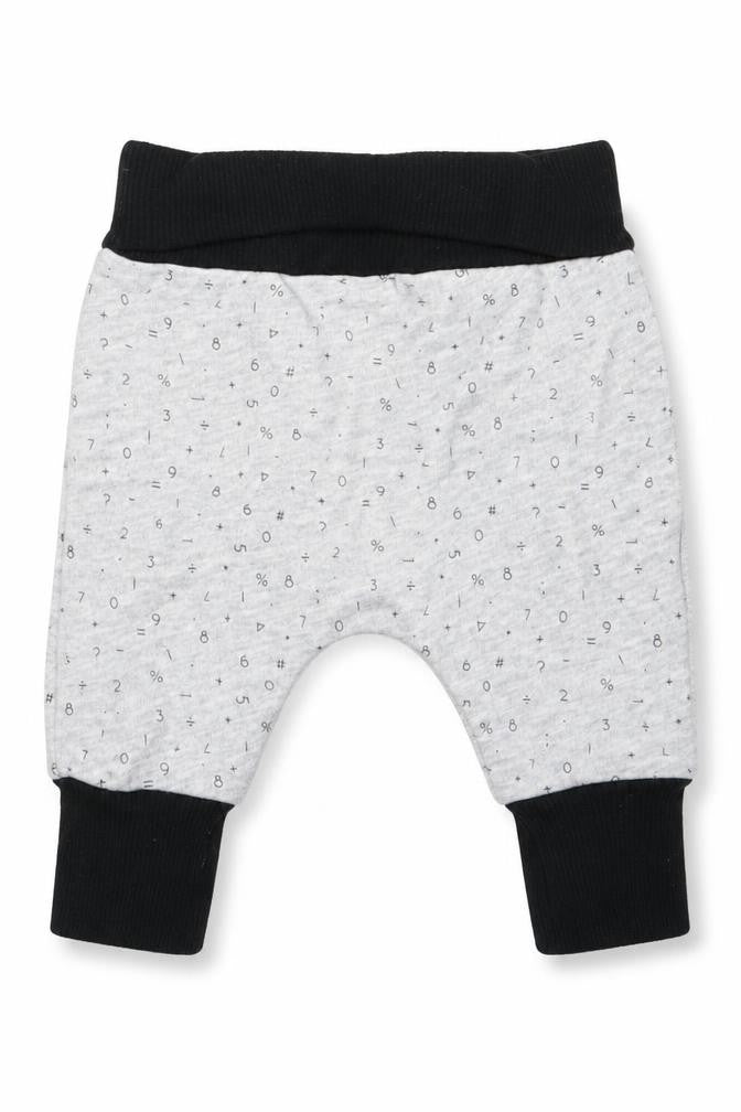 Front view of My K Baby Grey Jogger Trousers, size 0-3, Months - Numerical print