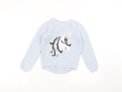 Primark Girls Blue   Pullover Jumper Size 6-7 Years  - unicorn