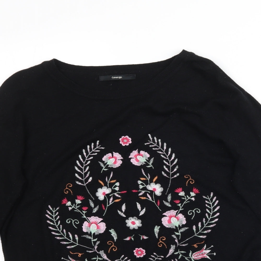 George Womens Black  Knit Pullover Jumper Size 10  - Floral Embroidery