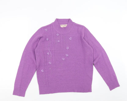 EWM Womens Purple  Knit Pullover Jumper Size S  - Floral embroidery