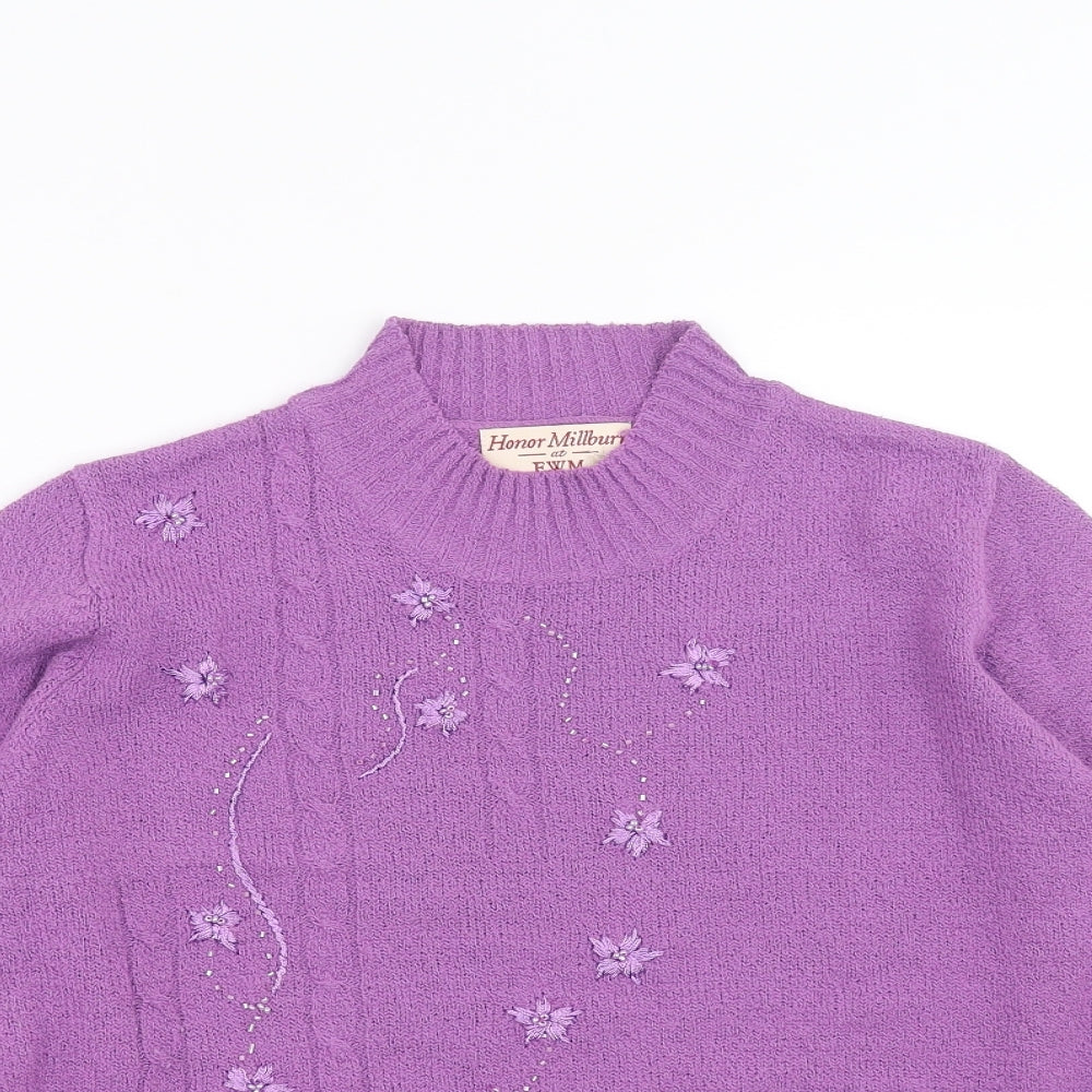EWM Womens Purple  Knit Pullover Jumper Size S  - Floral embroidery