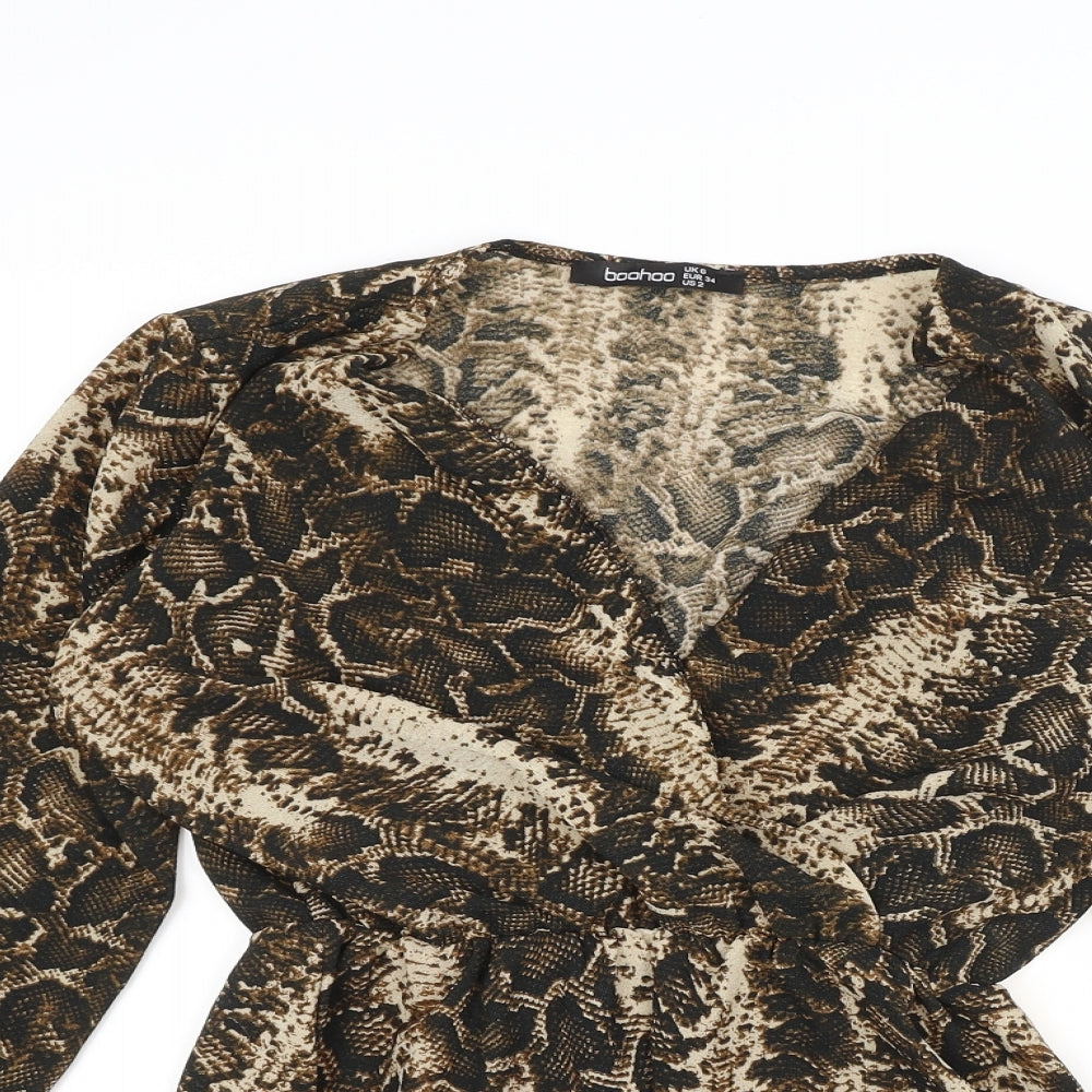 Boohoo Womens Brown Animal Print  Basic Blouse Size 6