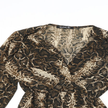 Boohoo Womens Brown Animal Print  Basic Blouse Size 6