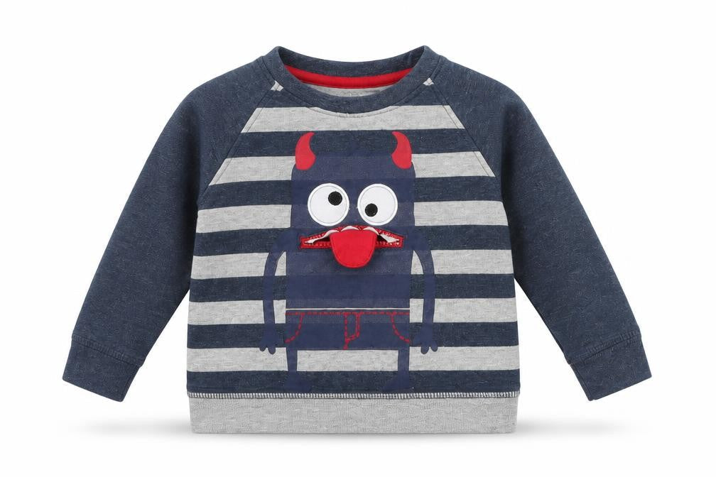 Front view of Little Rebel boys’ blue striped jumper, size 9-12, months