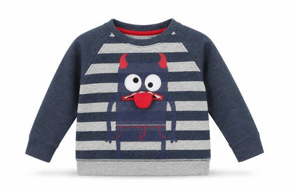 Front view of Little Rebel boys’ blue striped jumper, size 9-12, months