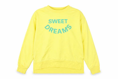 Front view of Time To Dream women’s yellow pullover sweatshirt, size M