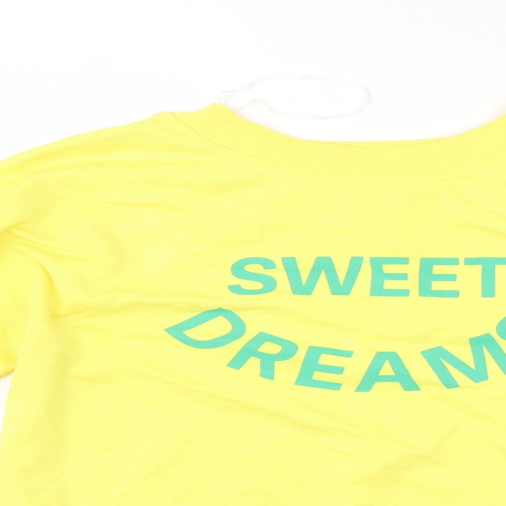 Close-up detail of Time To Dream women’s yellow pullover sweatshirt, size M