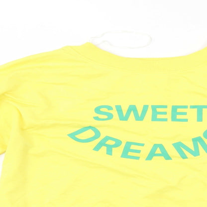 Close-up detail of Time To Dream women’s yellow pullover sweatshirt, size M