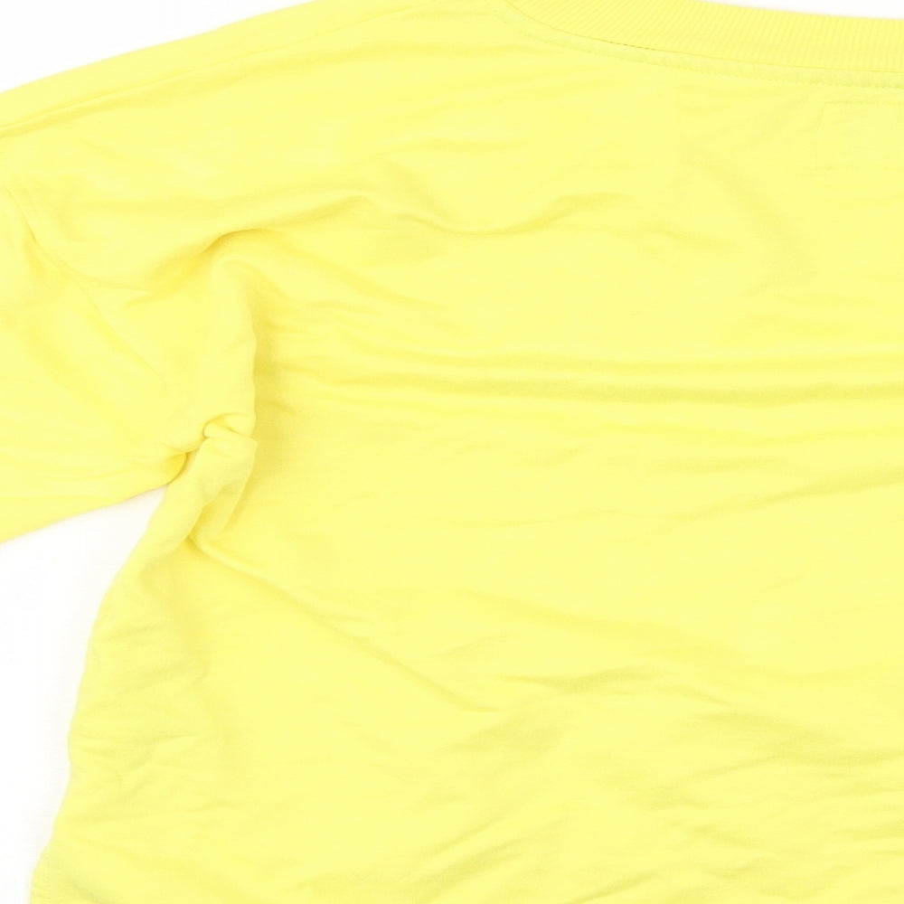 Brand and care label for Time To Dream women’s yellow pullover sweatshirt, size M