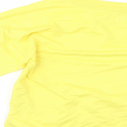 Brand and care label for Time To Dream women’s yellow pullover sweatshirt, size M