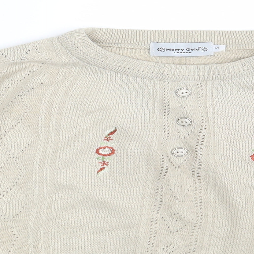 Merry Gold Womens Beige Floral  Pullover Sweatshirt Size S