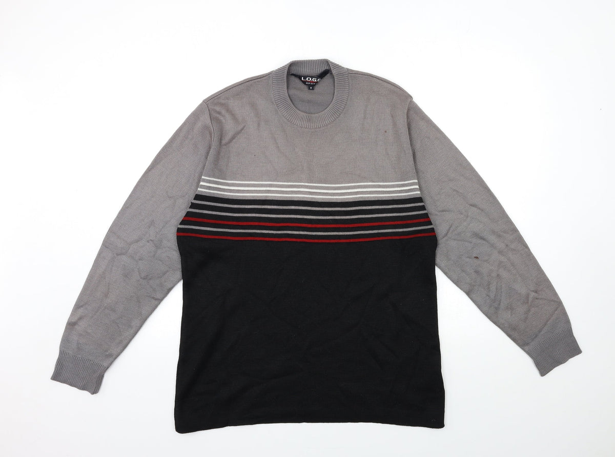 Additional front view of LOGG men’s grey striped knit jumper, size S