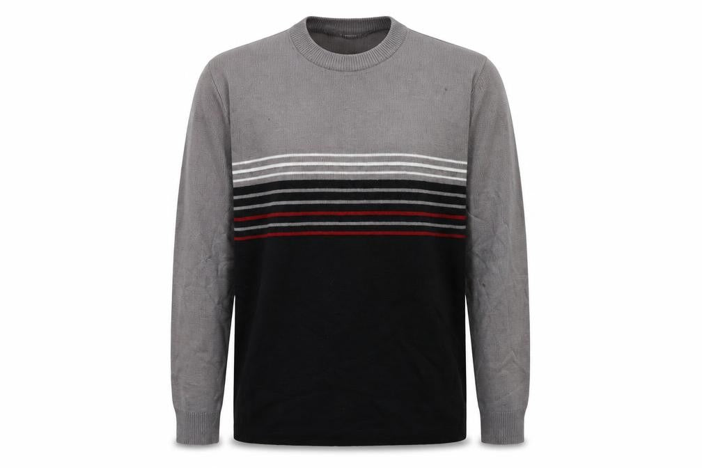 Front view of LOGG men’s grey striped knit jumper, size S