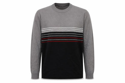 Front view of LOGG men’s grey striped knit jumper, size S