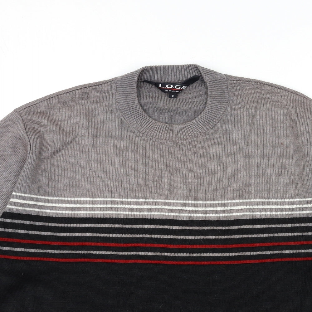 Close-up detail of LOGG men’s grey striped knit jumper, size S
