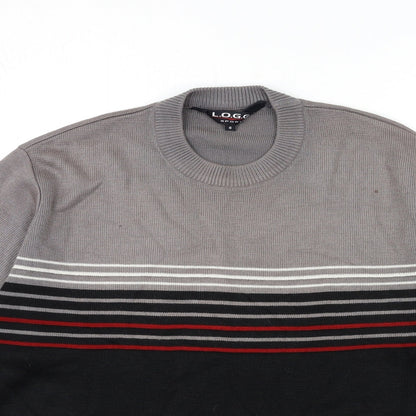 Close-up detail of LOGG men’s grey striped knit jumper, size S