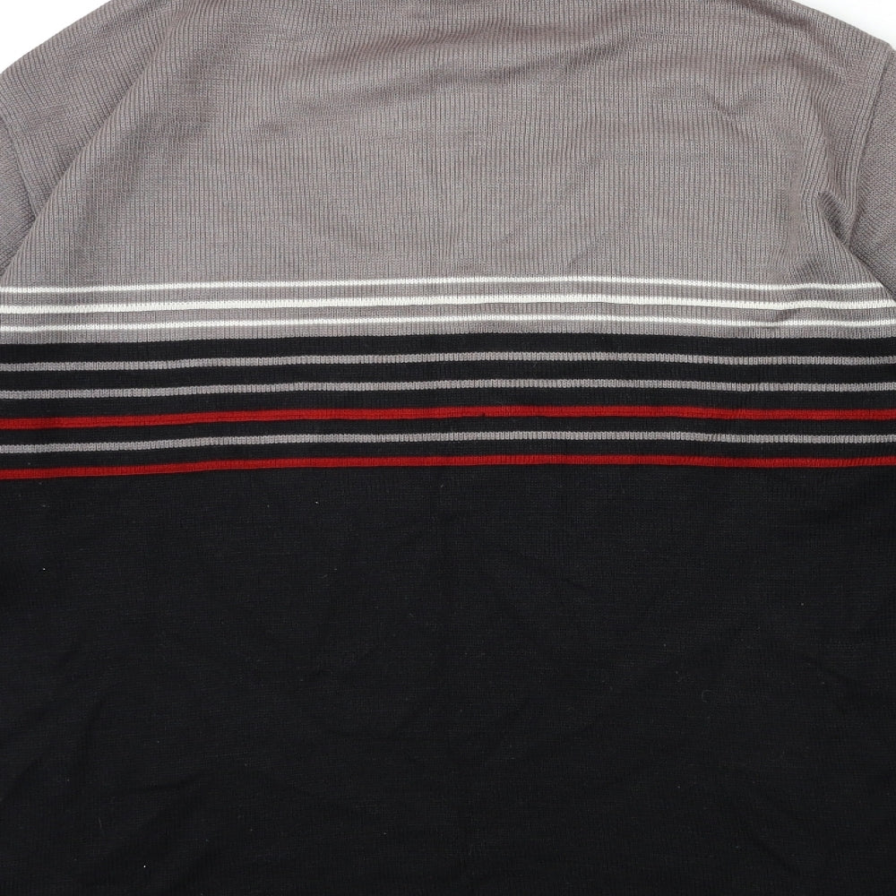 Brand and care label for LOGG men’s grey striped knit jumper, size S