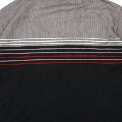 Brand and care label for LOGG men’s grey striped knit jumper, size S