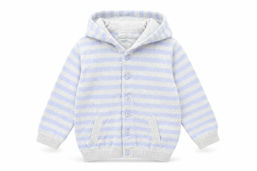 Front view of F&F Baby Blue Striped Cardigan Jumper, size 9-12, Months