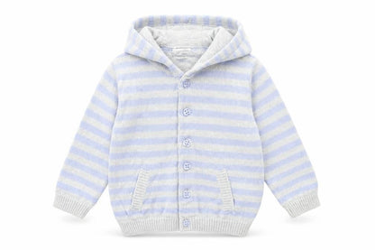 Front view of F&F Baby Blue Striped Cardigan Jumper, size 9-12, Months