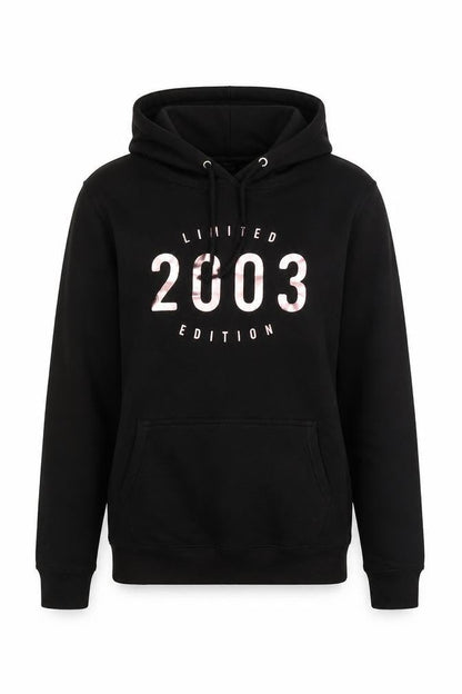 Front view of Justhoods women’s black pullover hoodie, size S