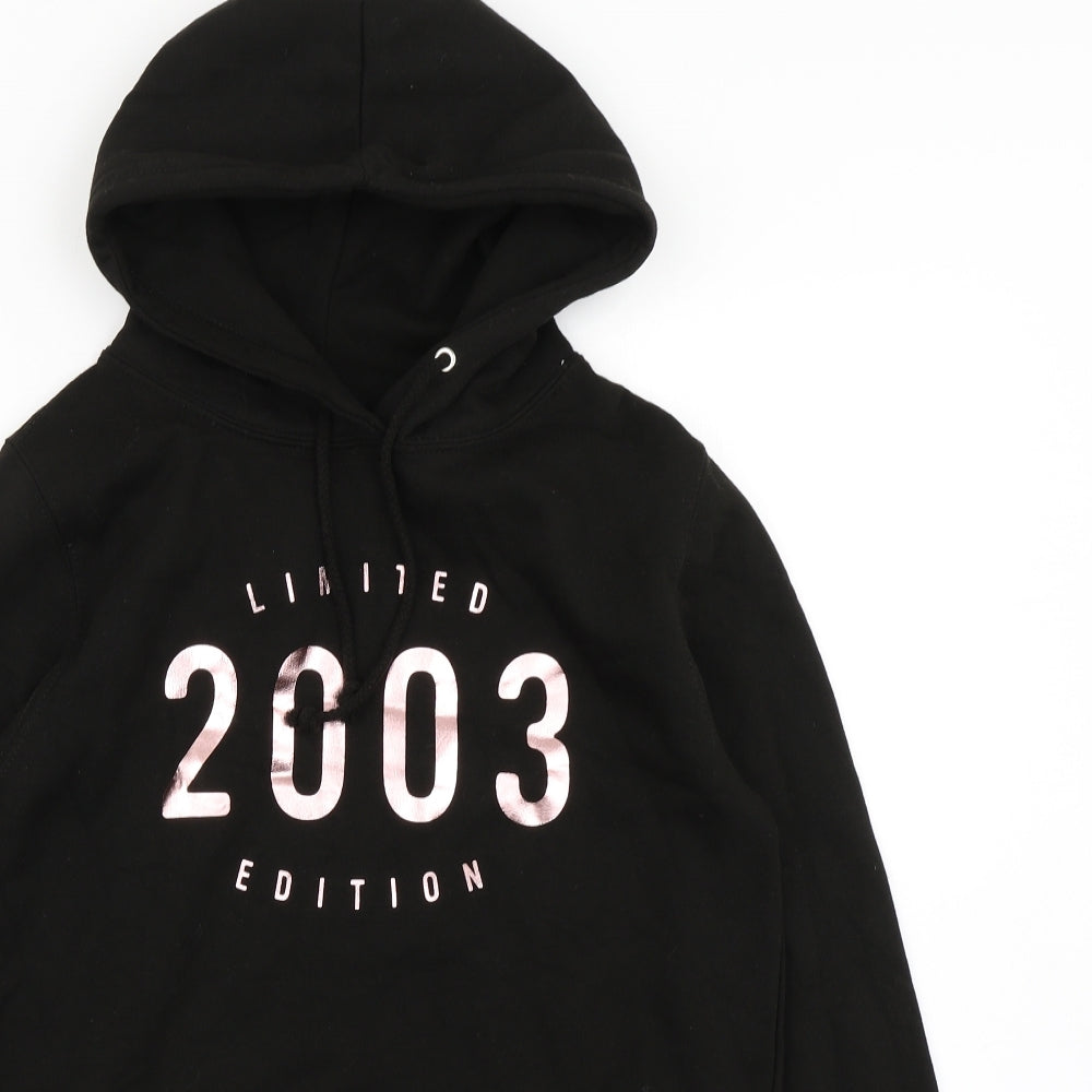 Close-up detail of Justhoods women’s black pullover hoodie, size S