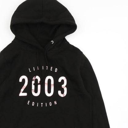 Close-up detail of Justhoods women’s black pullover hoodie, size S