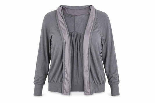 Front view of Miss Selfridge women’s grey knit cardigan jumper, size UK 14