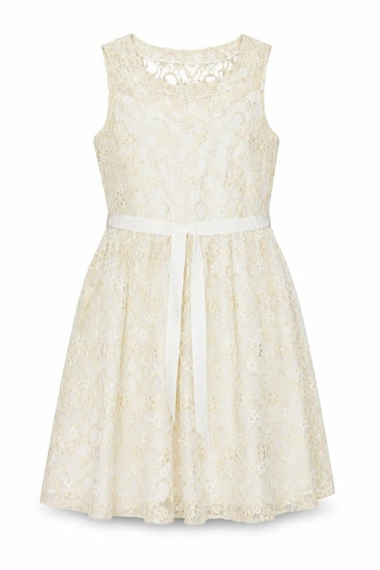 Front view of Be Beau women’s gold floral fit & flare, size UK 8