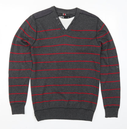 Easy Mens Grey Striped Knit Pullover Jumper Size S  - Red