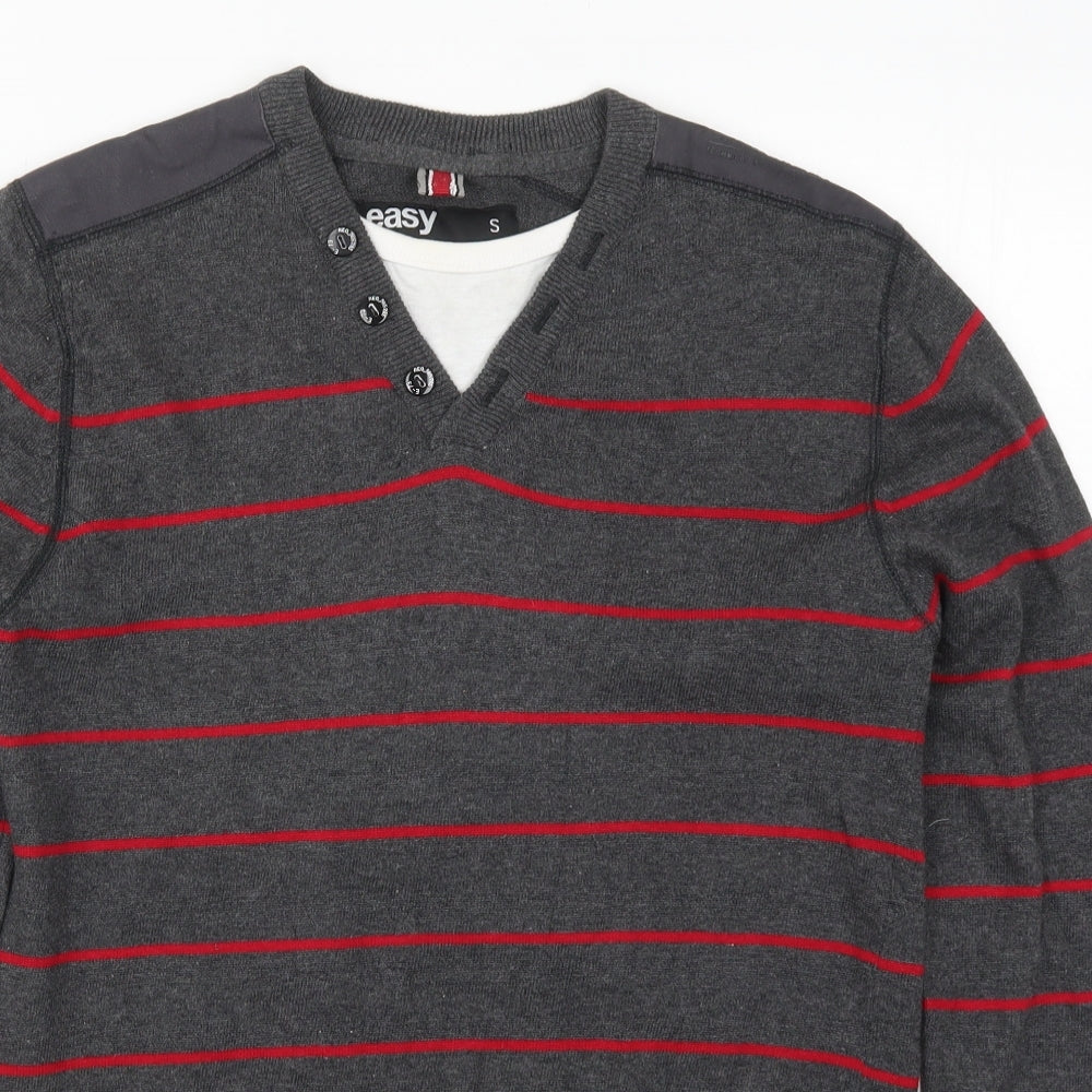Easy Mens Grey Striped Knit Pullover Jumper Size S  - Red