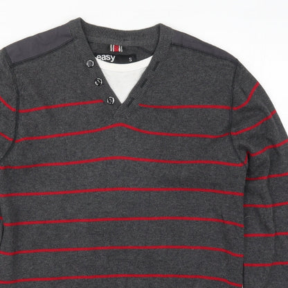 Easy Mens Grey Striped Knit Pullover Jumper Size S  - Red