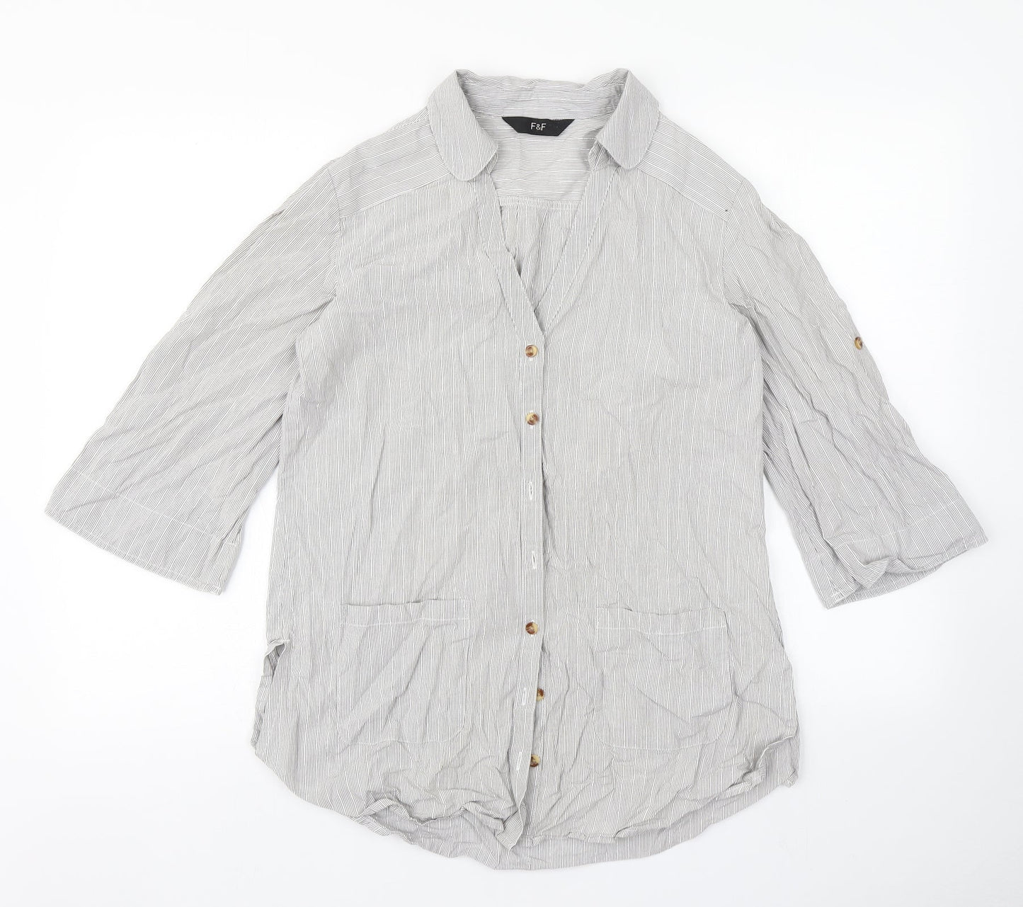F&F Womens Grey Striped  Basic Button-Up Size 8
