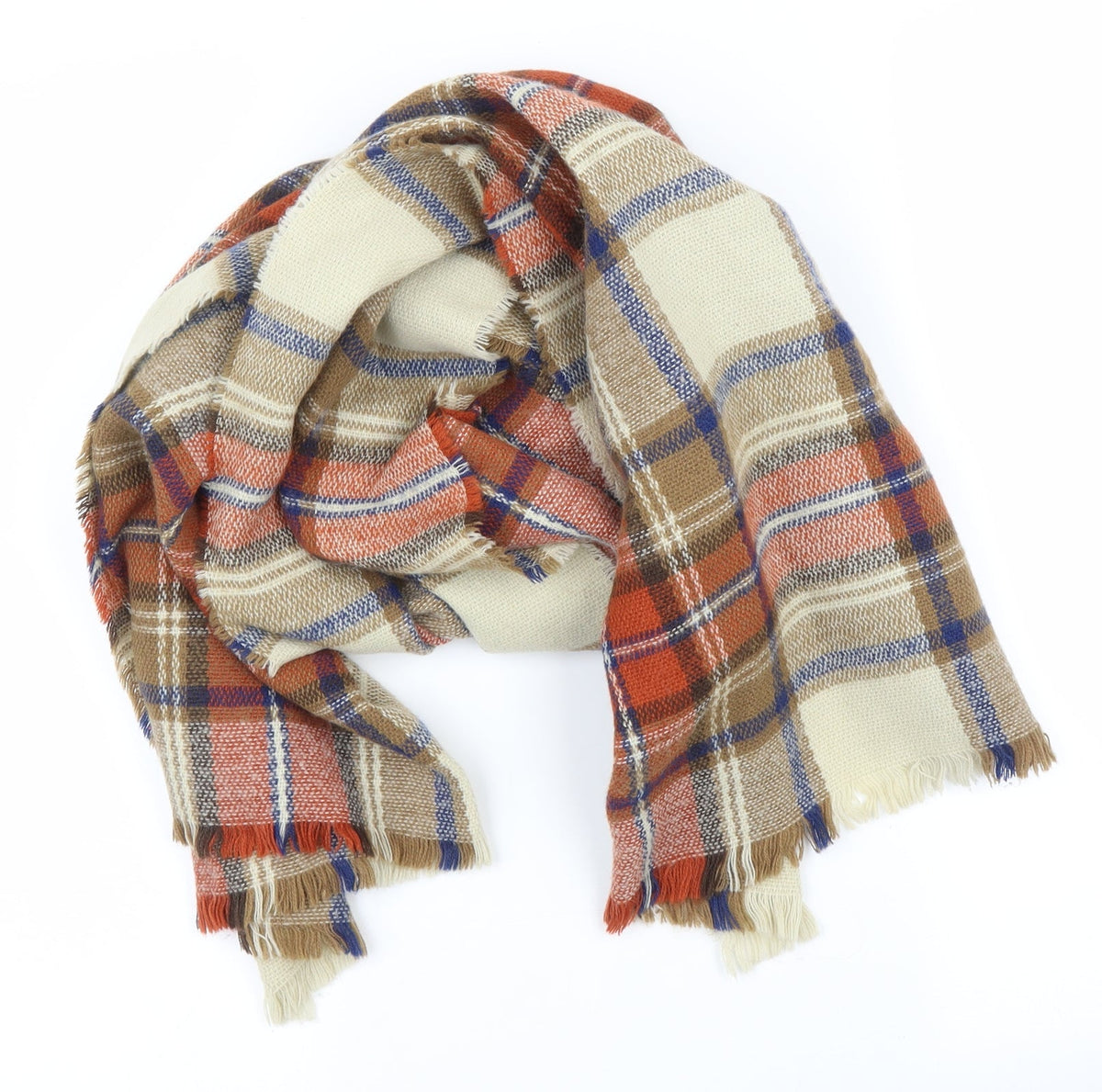 Front view of Preworn unisex brown plaid scarf