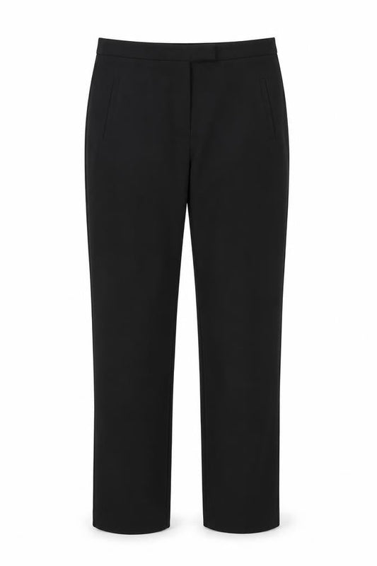 Front view of Miss Selfridge women’s black suit trousers, size UK 12, 27-inch leg