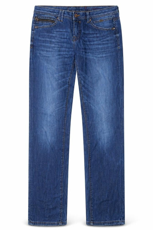 Front view of EDC women’s blue straight jeans, size UK 30, in, 30-inch leg