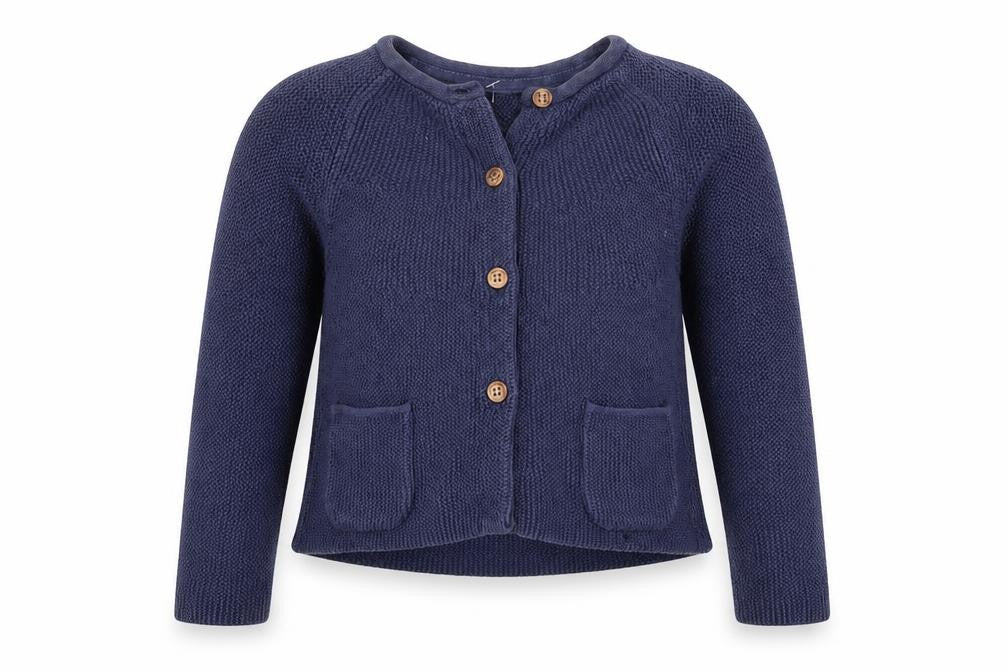 Front view of Marks & Spencer Baby Blue Cardigan Jumper, size 18-24, Months