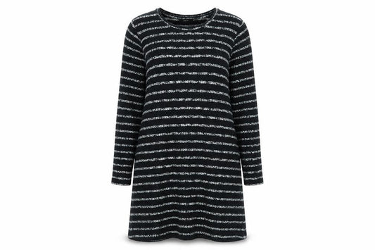 Front view of Papaya women’s black striped fit & flare, size S