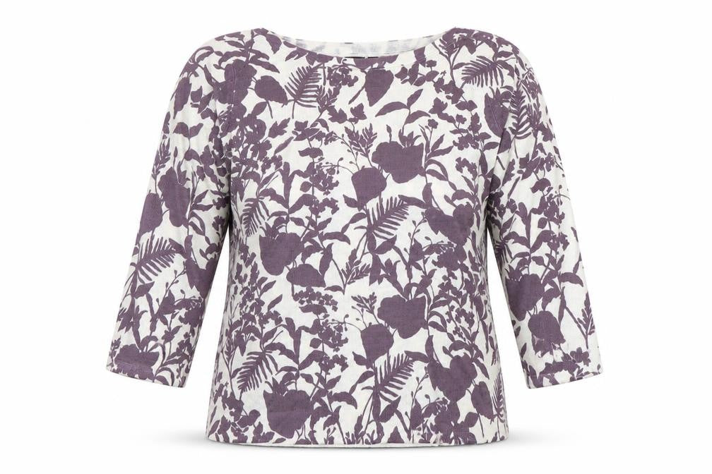 Front view of Soon women’s purple floral pullover hoodie, size UK 12
